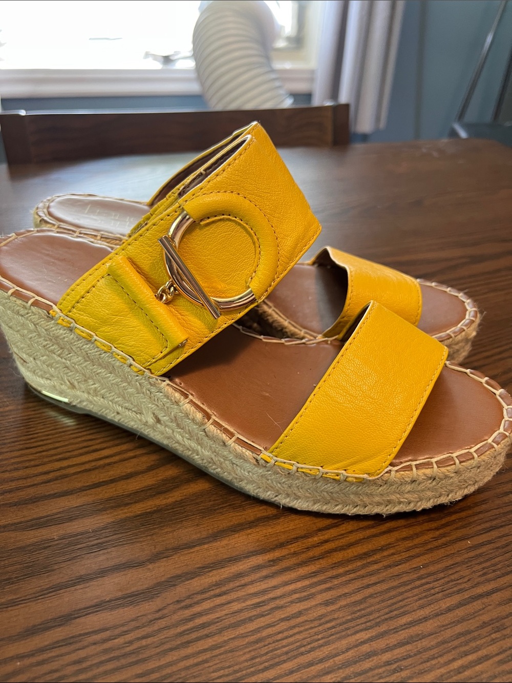 Franco Sarto Yellow Espadrille Wedge Slide Sandals with Gold buckle, sz 39